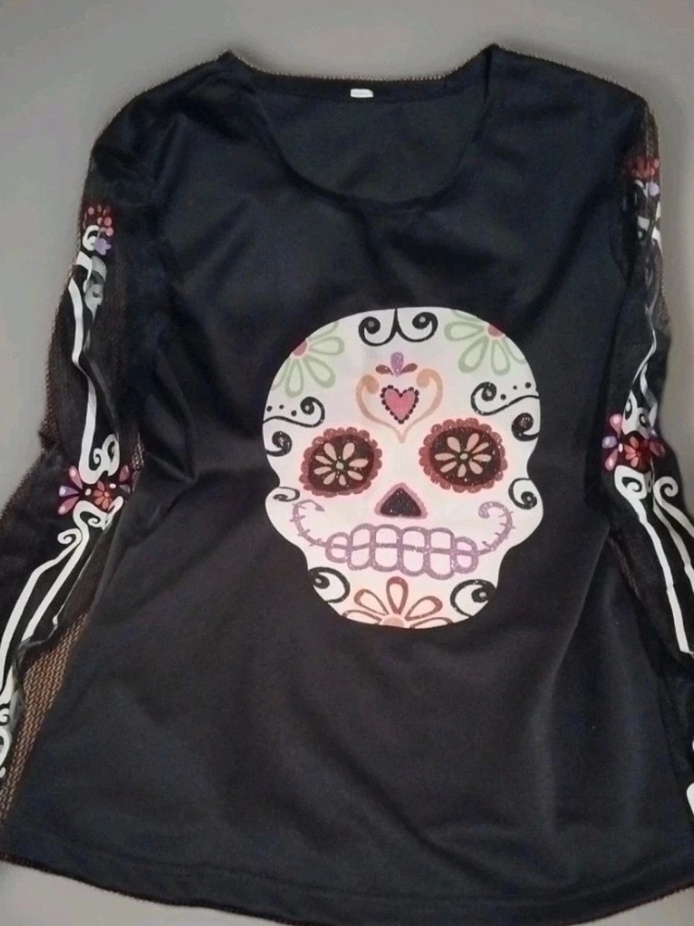 Day Of The Dead / Halloween Black Long-Sleeve Top Skull Graphic Sheer Sleeves